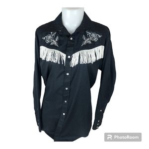 Western Cowboy semi sheer pearl snap flower embroidery fringe blouse